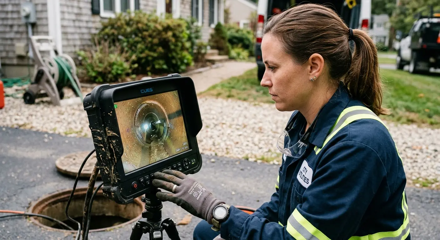 Technician reviewing sewer camera inspection footage in Liberal