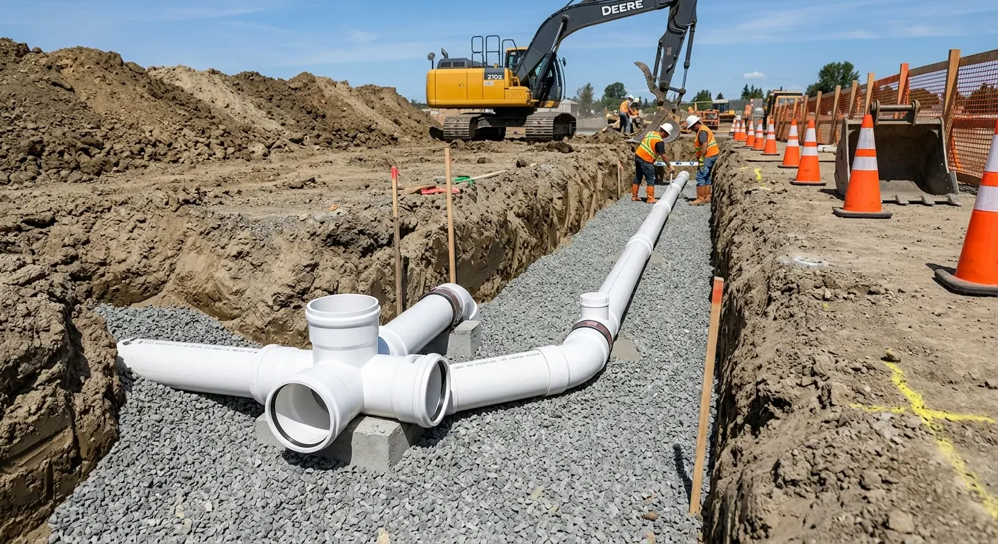 New PVC sewer pipe installation in open trench for Sewer Backup in Liberal