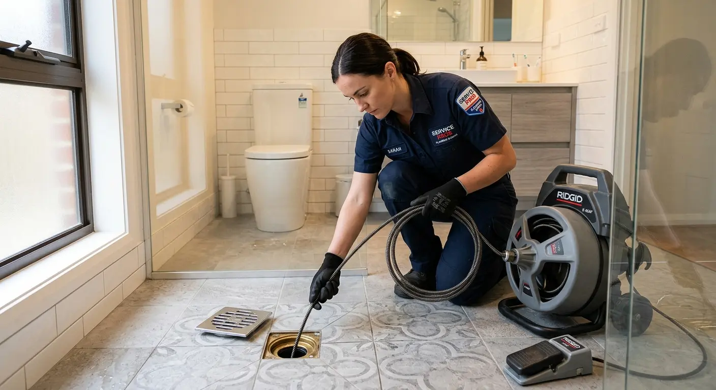 Technician clearing a bathroom floor drain for Clogged Drain Repair in Liberal
